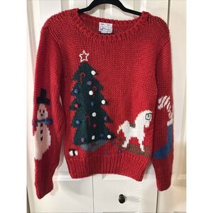 Vintage Windcrest Hand Knit Pullover Christmas Tree Pompom Sweater Women's M